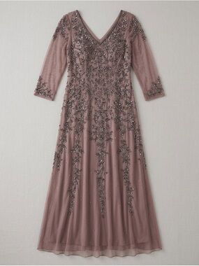 Pisarro Nights Beaded V-Neck Maxi Dress Size 8 | Rose Taupe Formal Gown
